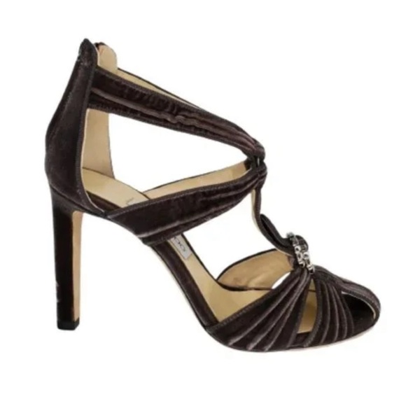 NEW | JIMMY CHOO Krissy 100 Embellished Velvet Sandal Heels Dark Mink | 37 | 6.5 - Picture 2 of 15